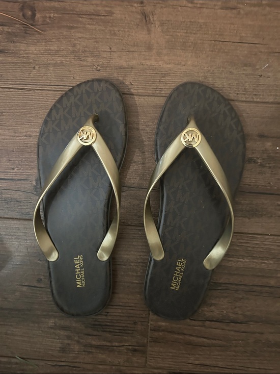 Michael Kors Shoes - Michael Kors Brown/Gold Logo Flip Flop Sandals